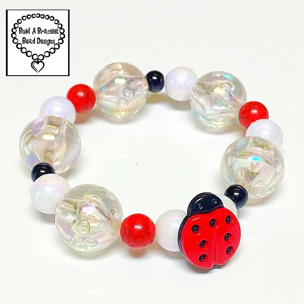 Handmade Pearl Bead Stretch Bracelet with Ladybug Charm (Girls)